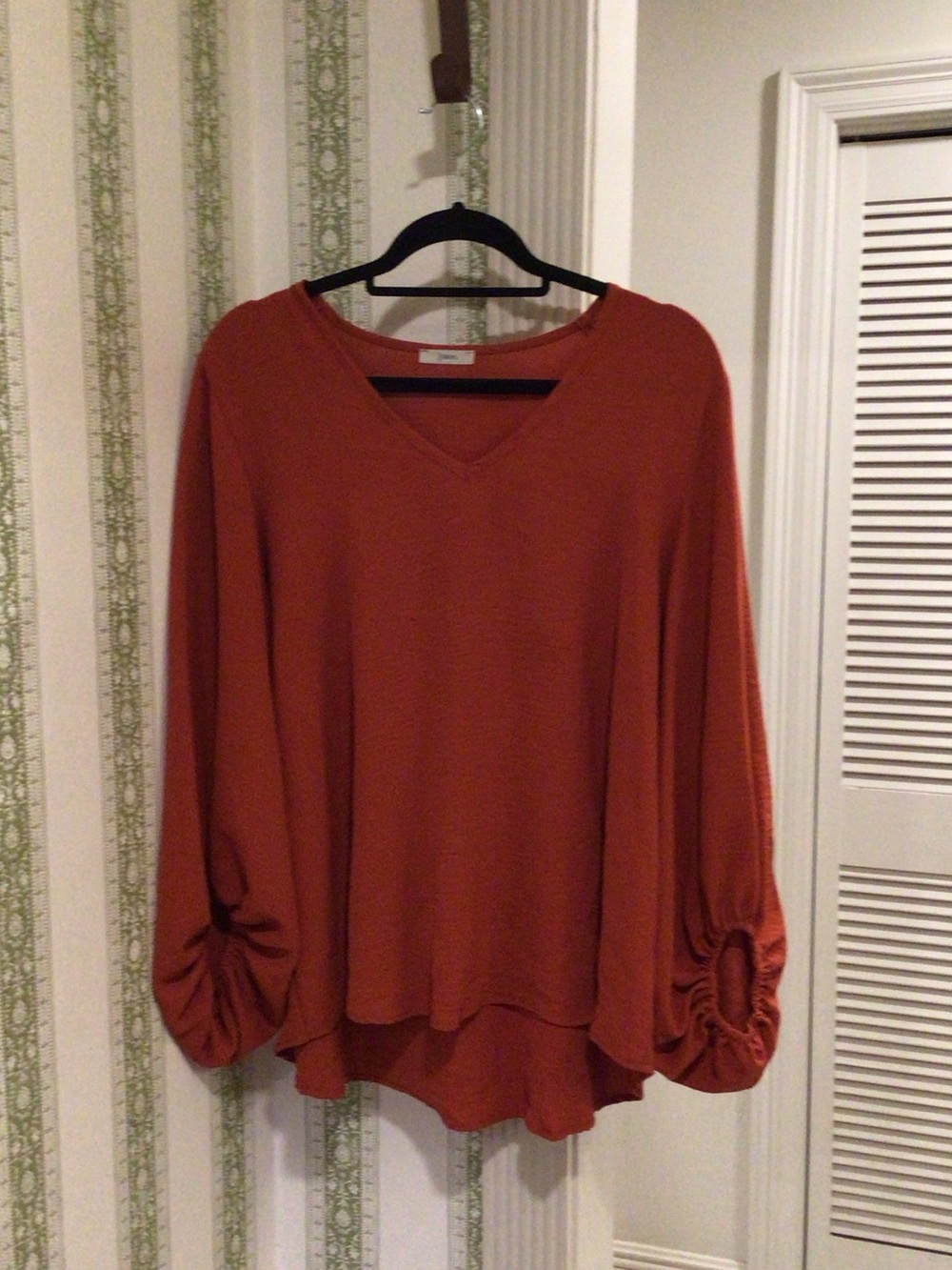 JODIFL Rust Orange V-Neck Balloon Sleeve Blouse